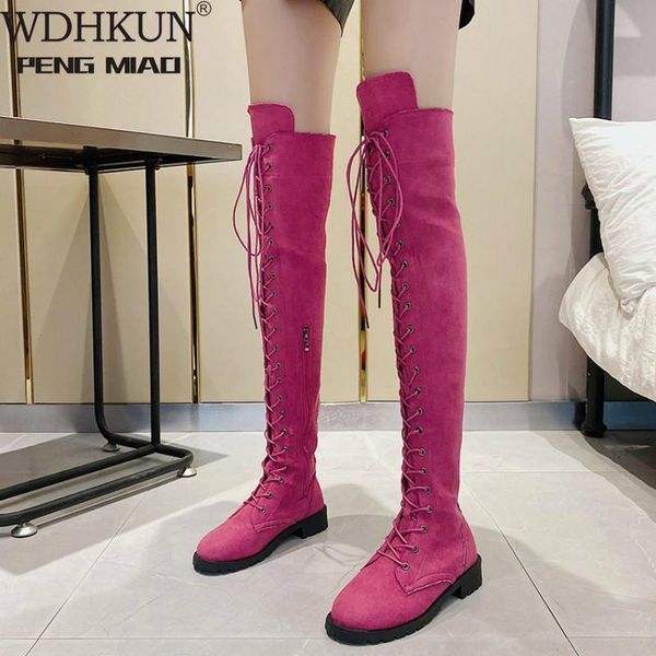 

boots lace up over knee women rome style flats shoes woman suede long botas winter thigh high 35-43, Black