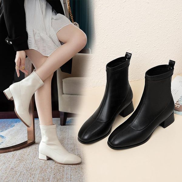

boots ankle zapatos de mujer woman shoes high heels women 2021 leather pu square heel 34-43, Black
