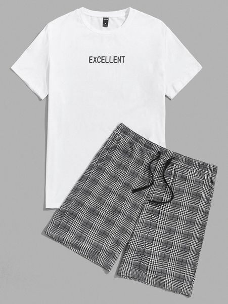 

men letter graphic tee and plaid shorts set a67l#, Gray