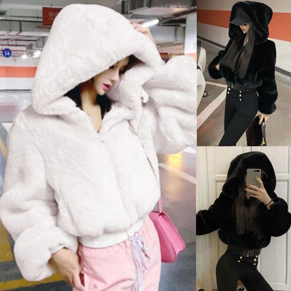 

women's jackets autumn winter faux fur bomber teddy coat zipper streetwear high waist furry hooded plush jacket cardigan fleece parkas, Black;brown