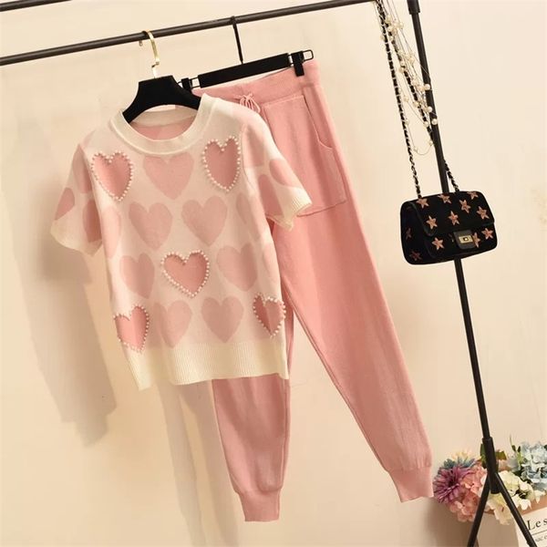 

arrival beaded heart shape short-sleeved sweater + elastic waist pants women sweet 2pcs suit ladies summer clothing set 210519, White