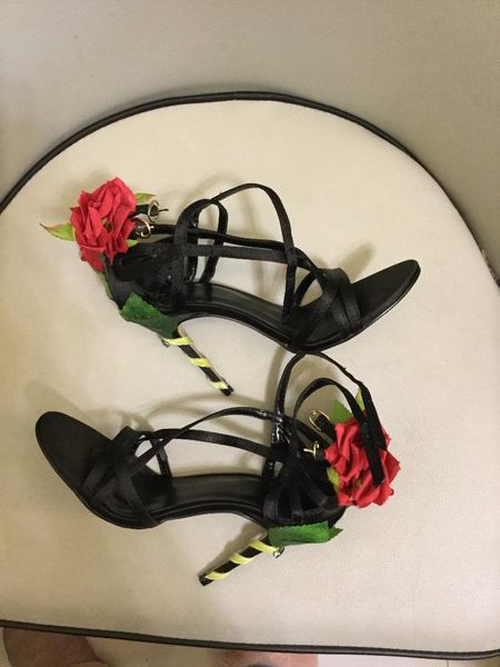 

sandalia feminina red rose flower leaf block high heel sandals summer peep toe girls sweet party wedding dress shoes, Black