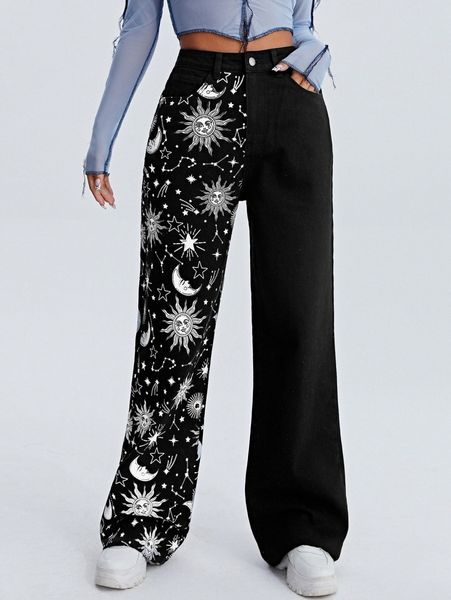 

high waist sun & moon print wide jeans 44wa#, Blue