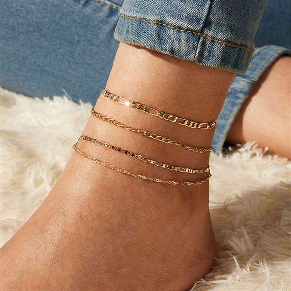 

letapi boho 4pcs/set fashion gold color anklets set for women multilayer chain foot bracelet beach jewelry, Red;blue