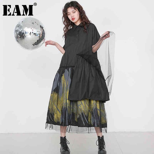 

[eam] women black pattern printed mesh big size shirt dress lapel short sleeve loose fit fashion spring summer 1t86201 21512, Black;gray