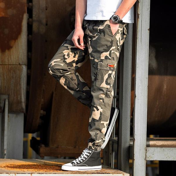 

men's pants summer cargo loose cotton joggers camouflage print trousers streetwear casual men plus size, Black