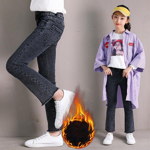 

fashion girls jeans winter warm denim pants skinny stretch flared plus velvet lining slim 3 to 13 children's clothes, Blue