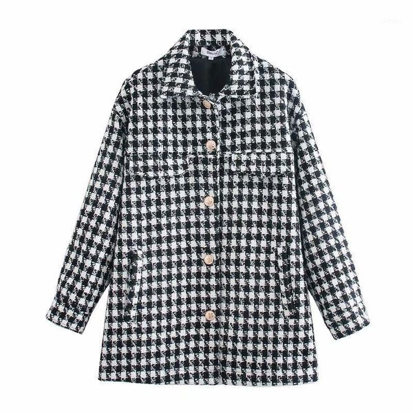 

women's wool & blends 2021 women coat hound-tooth check plaid pockets button turn-down collar long sleeve female fashion casual clothes, Black