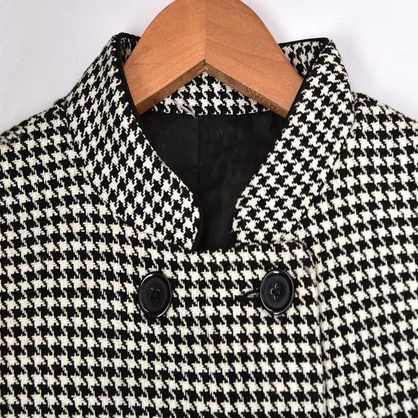 

women's wool & blends ladies autumn winter warm outwear houndstooth double-breasted mid-length female coat with pockets, Black