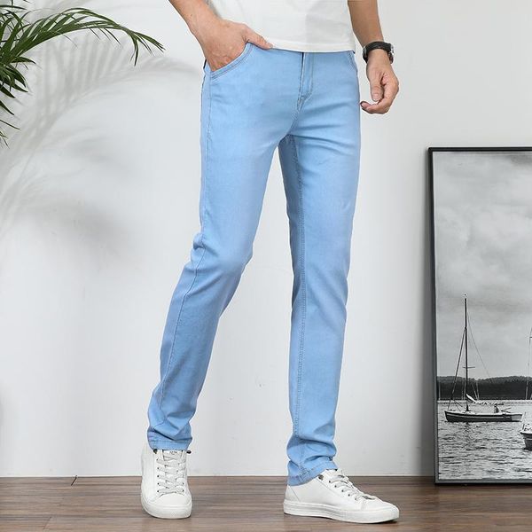 

men's jeans 2021 sunlight fashion men casual stretch slim business trousers thin pants solid colors plus size 36 38 40, Blue