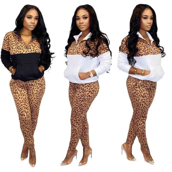 

leopard tracksuits skinny women zip stand collar ladies two piece pants patchwork active female 2pcs sets spring womens, Gray