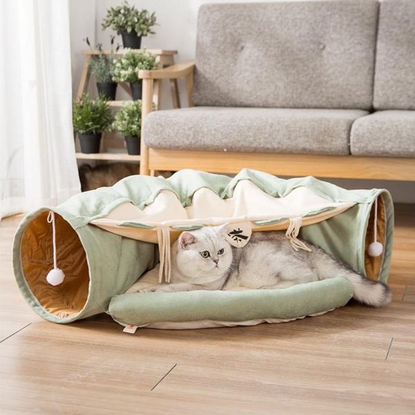 

cat tunnel bed with mat collapsible 2 way tube interactive play toys hideout house for puppy kitten beds & furniture