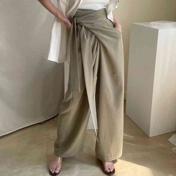 

[ewq] korean chic temperament versatile high waist side bow tie double pocket wide leg women pants female fashion 16e3577, Black;white