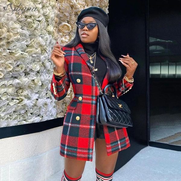 

ailigou 2021 winter fashion coat ladies office plaid red slim double breasted v-neck women women's jackets, Black;brown