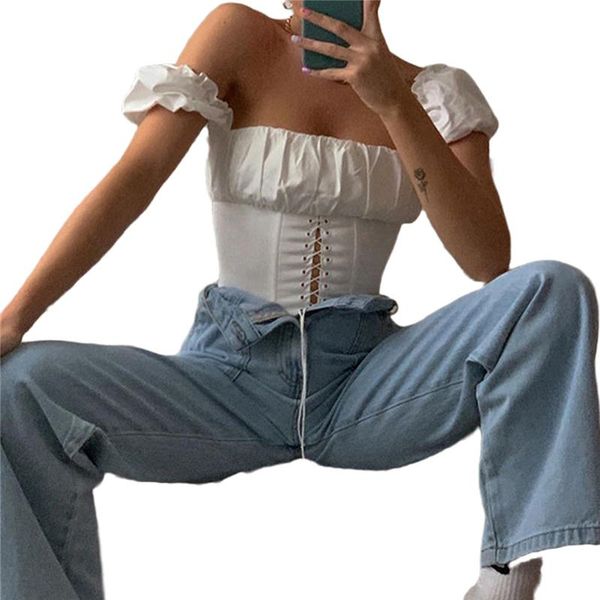 

women's tanks & camis for women summer puff short sleeve off-shoulder bandage shirts solid color square collar corset white