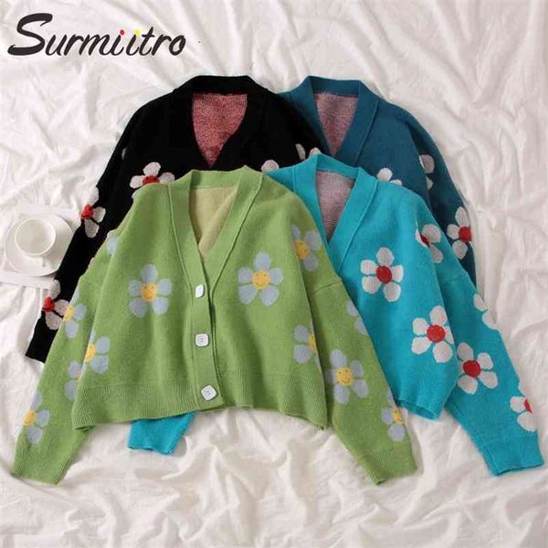 Floral de malha curta curta dama mulheres outono senhoras manga longa camisola feminina casaco verde knitwear 210421