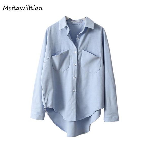 

vintage loose blouse shirt korean lady office women spring pocket blouses 2021 casual long sleeve solid shirts women's &, White