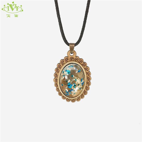 

pendant necklaces handmade dried flower necklace gypsophila transparent green netural flowers leather chain boho long statement, Silver