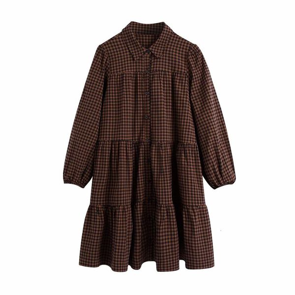 

dresses short plaid collared long sleeves ruffled hem elegant women gingham check es, Black;gray