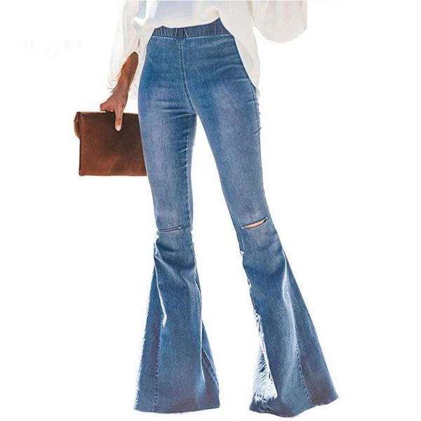 

zoulv 2021 spring women bottoms casual high waist burr flare bell ripped denim pants elastic jeans women's, Blue