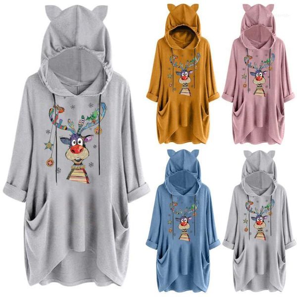 

women's hoodies & sweatshirts fashion women sweatshirt casual deer print hooded long sleeves pocket blouse shirt winter ladies 2021, Black