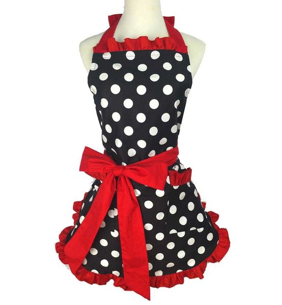 Kadınlar için Retro Önlük Süper Sevimli Ve Komik Ilmek Cep Ayarlanabilir Pamuk Polka Dot Narin Hemline Pişirme Önlükleri 210622