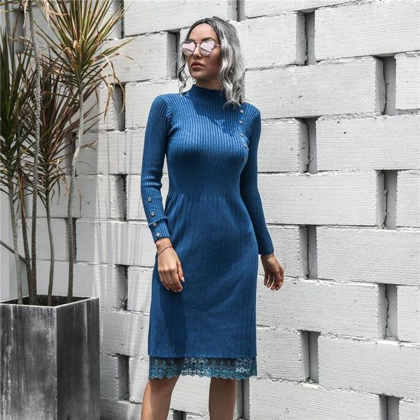 

casual dresses lace patchwork knitted dress women full sleeve autumn winter half turtleneck knee length for 2021 fashion, Black;gray