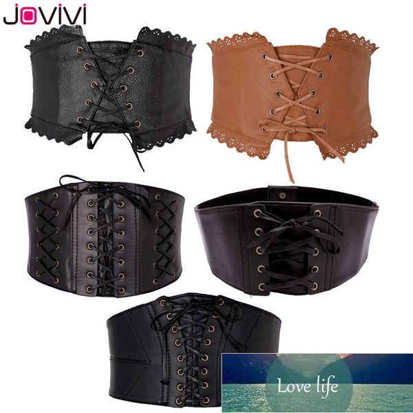

jovivi women elastic wide band tied waspie girl corset waist cincher belt leather ladies punk waist belts 1pc, Black;brown
