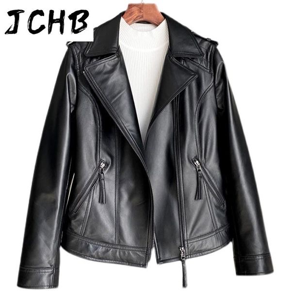 

women's leather & faux jchb 2021 motorcycle genuine jacket woman spring real sheepskin coat female plus size women clothing 5xl veste f, Black
