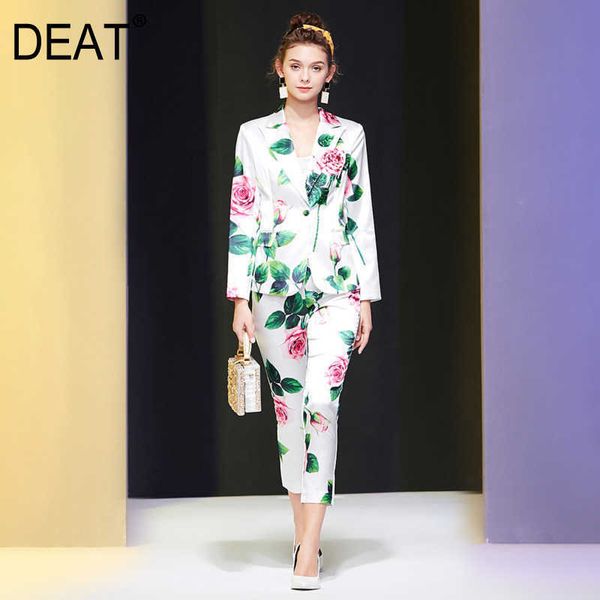 

[deat] spring fashion long sleeve single button v-neck blazer printing high waist pencil pants suit women 13c523 210527, White