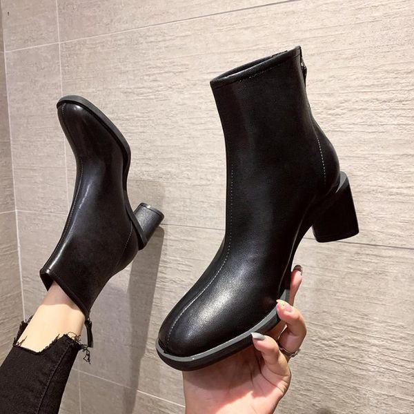 

boots women's short thick heels round head high zipper, Black