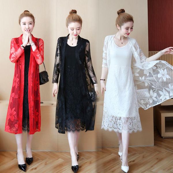 

women's jackets plus size spring summer lace cardigan women long mesh sunscreen jacket casual pink black red white long-sleeve thin coa, Black;brown