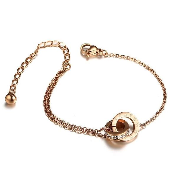 

link, chain women rome digital double circle bracelet stainless steel rose golden daily gift for ladies adjustable, Black