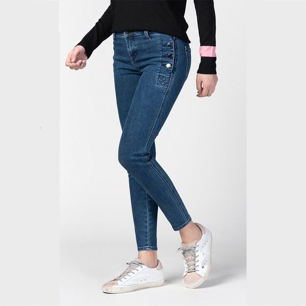 

women's jeans office of ladies ankle length denim pencil pants waist thin button fitting women casual fashion streetwear k416, Blue