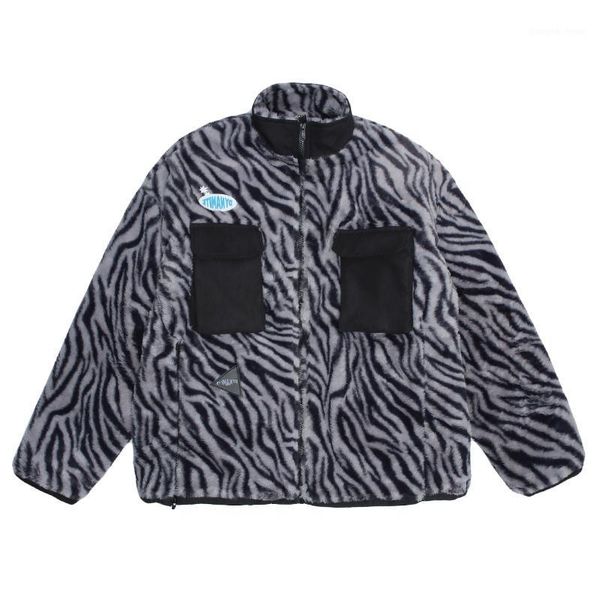 

men's down & parkas hip hop zebra pattern patchwork parka s men streetwear winter retro lambswool coats harajuku jacket outwear, Black