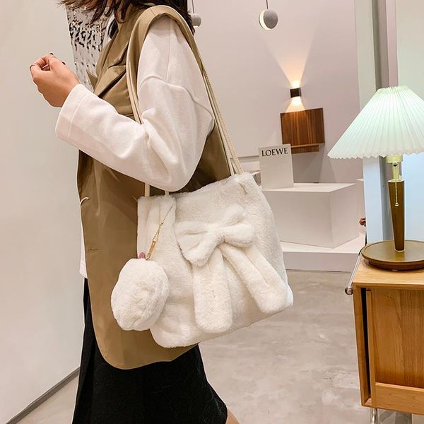 

evening bags plush bucket bag bow soft fluffy solid furry ladies handbag fur shoulder two piece set for women 2021 winter