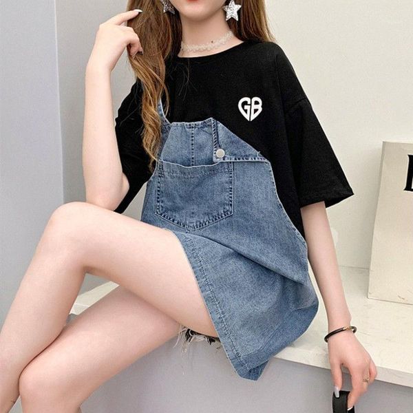 

women's t-shirt denim stitching short-sleeved female fake two-piece design mid-length 2021 summer hedging loose large round neck top, White