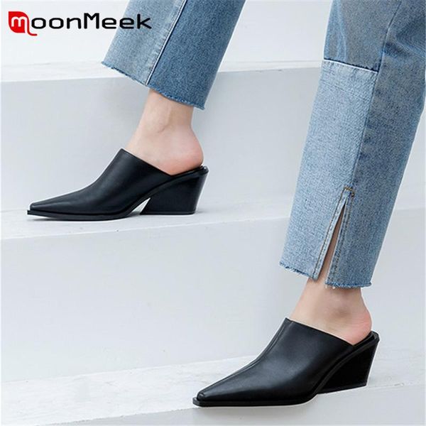 

dress shoes moonmeek 2021 arrival genuine leather women pumps pointed toe summer wedges fashion casual woman mules, Black