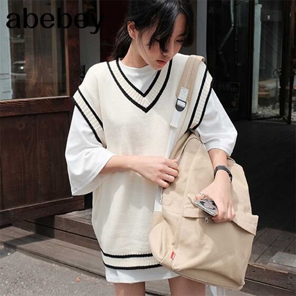 

autumn plus size sleeveless vest korean casual women knit striped sweater vest kz212 211109, Black;white