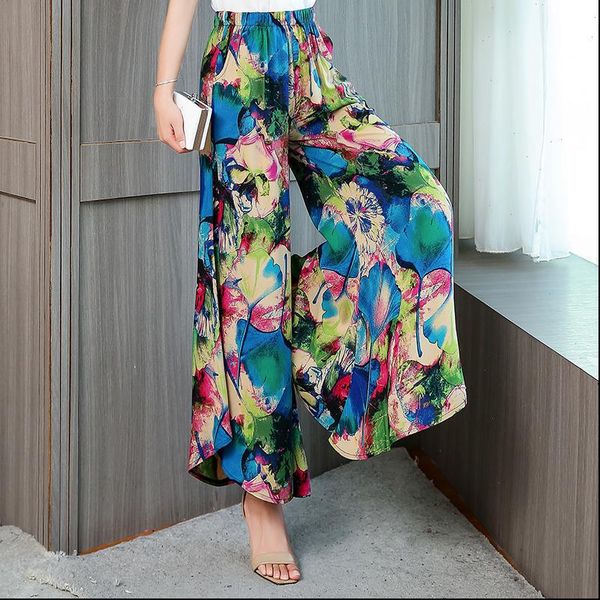 

womens summer pants wide leg bohemian high waist legs trousers beach holiday ankle length print retro casual loose, Black;white
