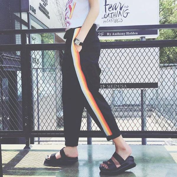 

women sports pants long strip pattern loose strappy causal slacks for fitness -opk women's & capris, Black;white