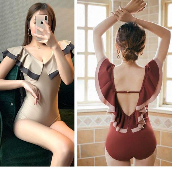 

one-piece suits 2021 version slim white bikini grid swimsuit one piece women cut out swimwear