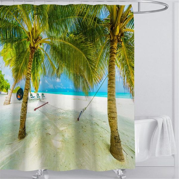 

shower curtains beach sea palm trees scenery waterproof 3d bathroom with hooks home decoration washable bath screen