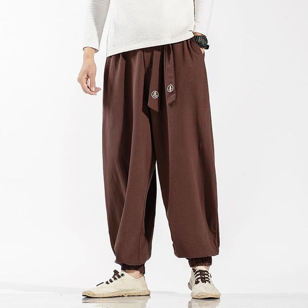 

men's pants 2021 men cotton linen harem mens baggy jogging chinese style crotch wide leg casual male loose trousers, Black