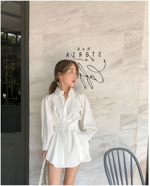 

women's two piece pants women's white long sleeve shirt, leisure suit, camping + wide leg shorts, two-piece belt
