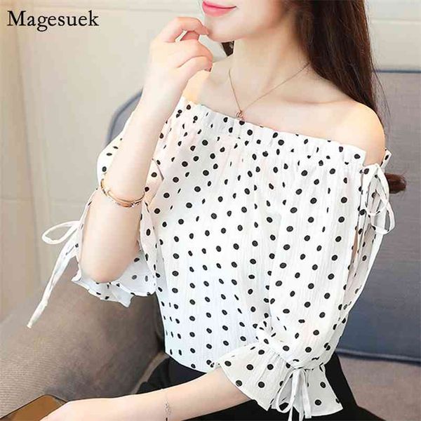 Verão Chiffon Mulheres Blusas Casual Manga Curta Off Shirt Camisa Tops Polka Dot Plus Size Branco 5553 210512