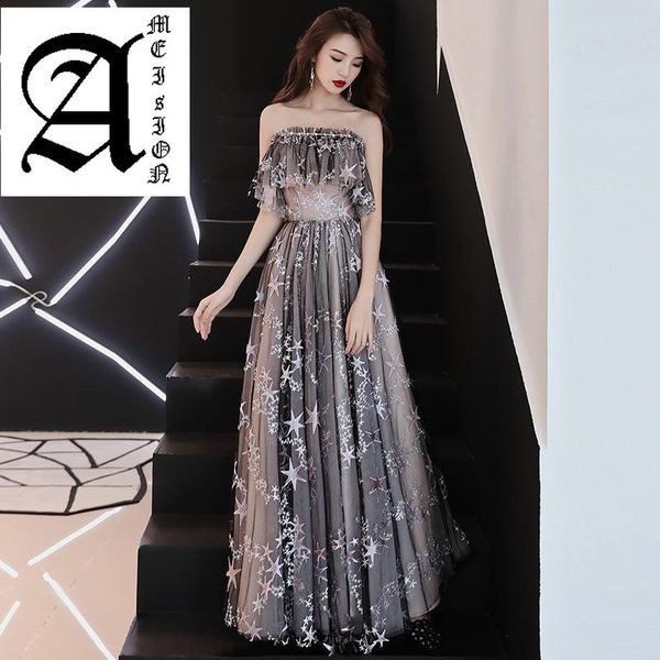 

evening dresses ameision dress full stars pattern shining fashion formal boat neck ruffles elegant long slim lady party gown, Black;red