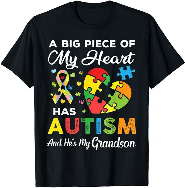 

a big piece of my heart has autism and he's my grandson men boys t-shirt, White;black