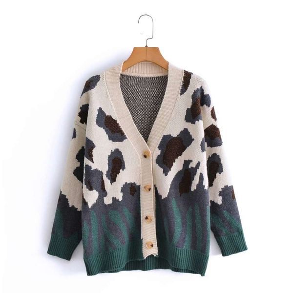 

autumn style v-neck loose animal pattern knitted cardigan coat, White;black
