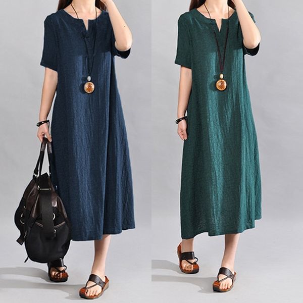 

casual dresses dresses celmia vintage cotton long dress women v-neck short sleeve summer sundress autumn loose solid plus size vestido nvor, Black;gray